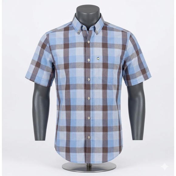Mason James Other - Mason James Mens Small Blue Brown Plaid Short Sleeve Stretch Button Down Shirt